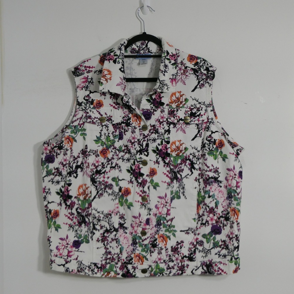 Koret Womens Vest 26W White Purple Orange Floral Denim Garden Cottagecore A029